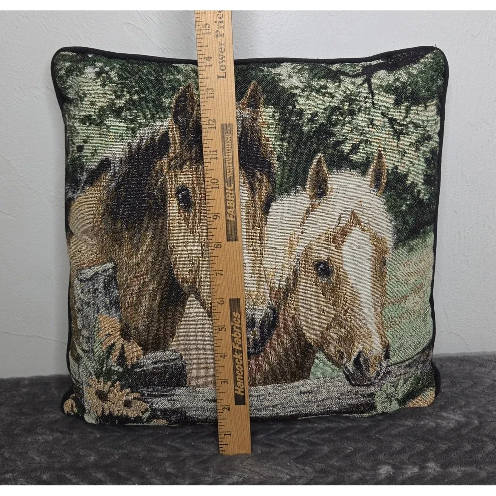 Vintage Two Horses Linda Picken Tapestry Throw Pillow Equestrian Cottage Signed